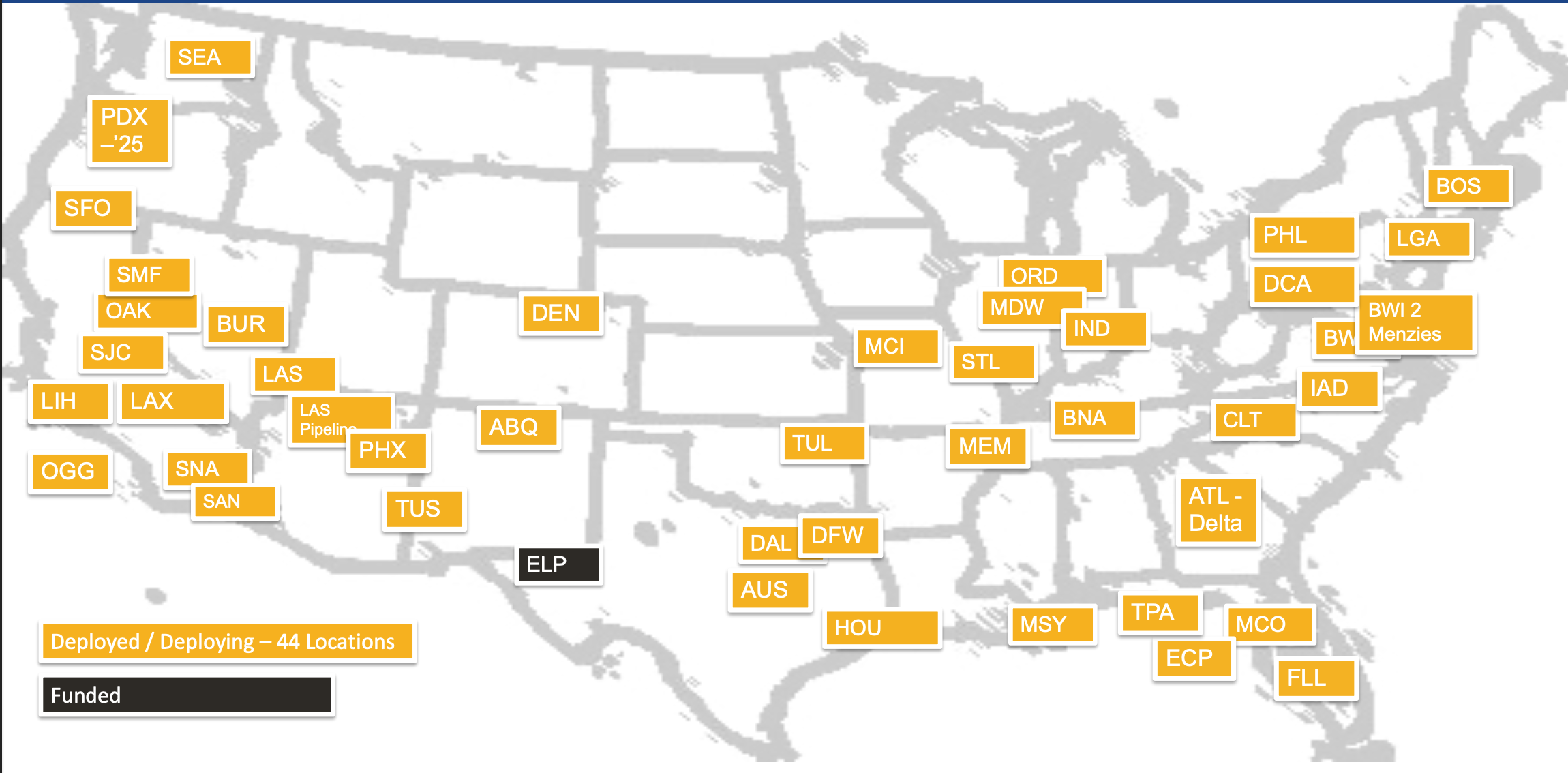 US Airport Deployment Map - 44 Locations Deployed/Deploying