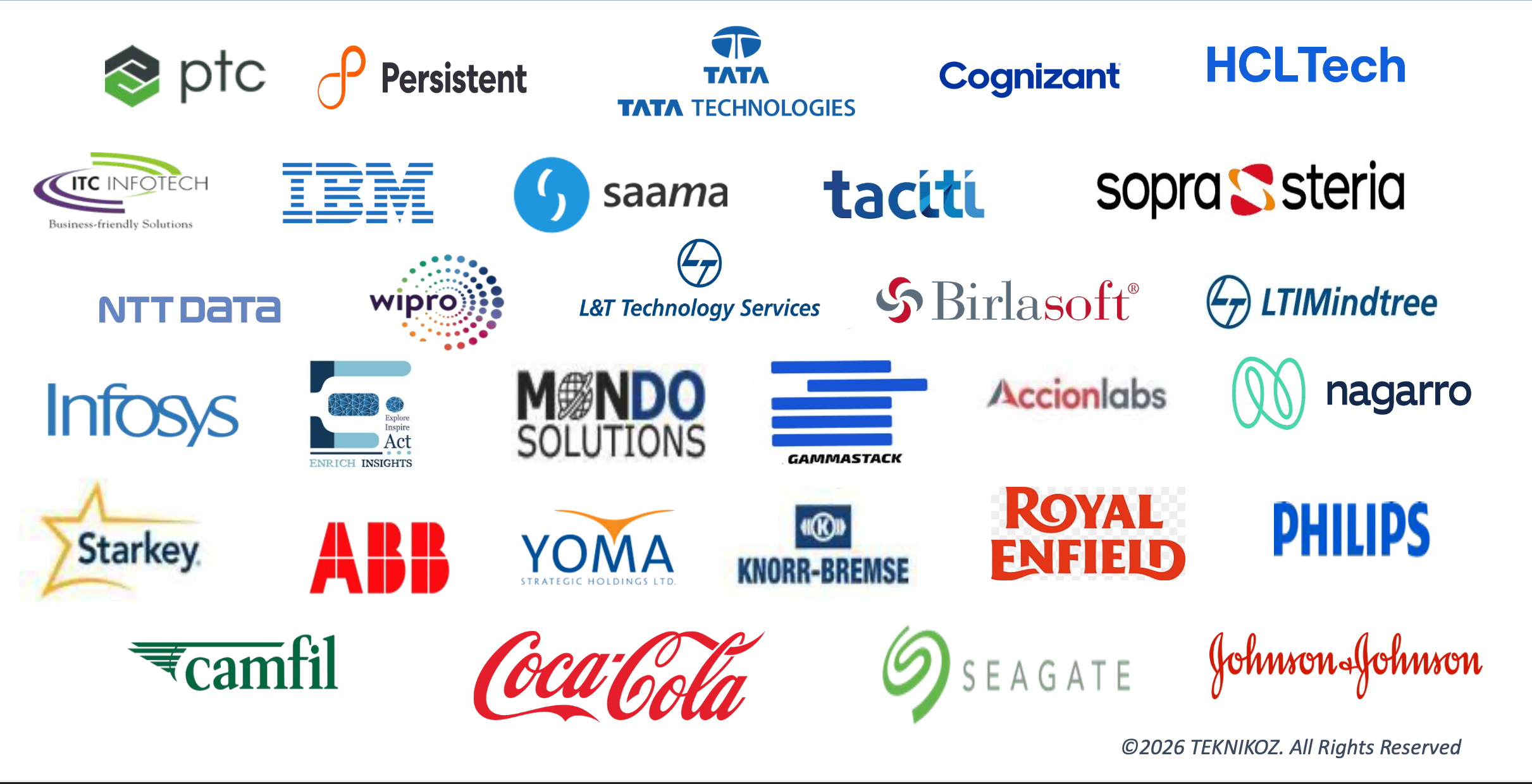 Key Customer References - PTC, Persistent, Tata Technologies, Cognizant, HCLTech, ITC Infotech, IBM, Saama, Tacitil, Sopra Steria, NTT Data, Wipro, L&T Technology Services, Birlasoft, LTIMindtree, Infosys, Enrich Insights, Mondo Solutions, Gammastack, Accionlabs, Nagarro, Starkey, ABB, Yoma, Knorr-Bremse, Royal Enfield, Philips, Camfil, Coca-Cola, Seagate, Johnson & Johnson