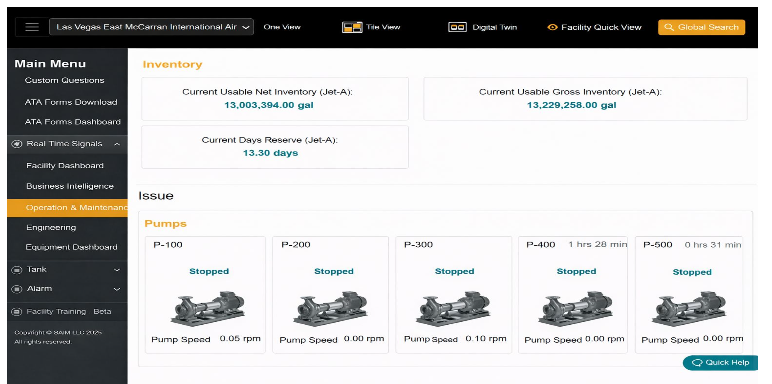 Pump Monitoring Dashboard - Pump status, runtime, speed, and inventory metrics