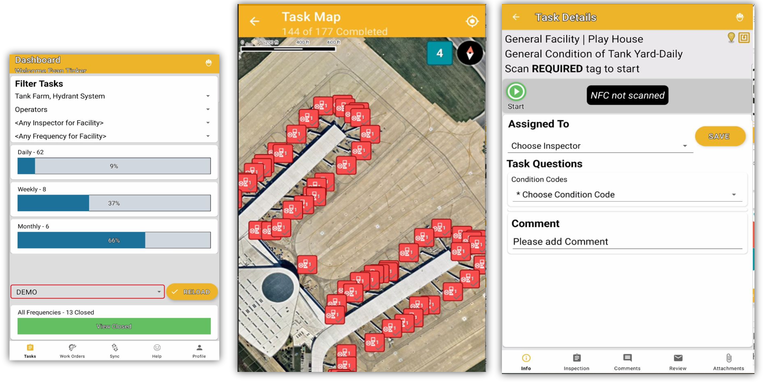 Real Time Inspect Mobile App - Dashboard, Map View, and Task Details