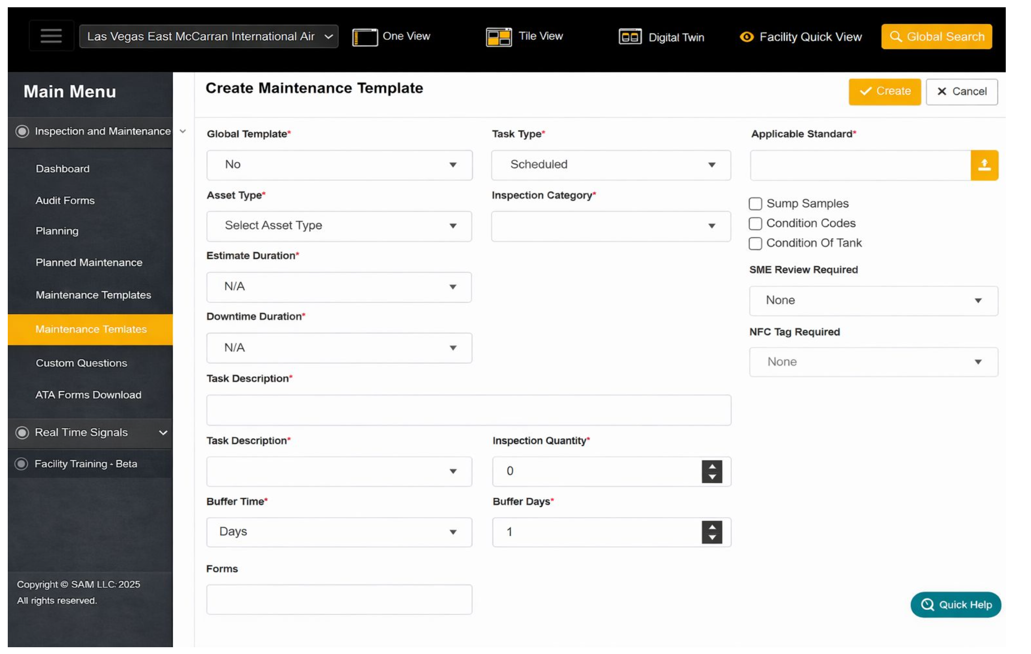 Task Creation - Create Maintenance Template Form